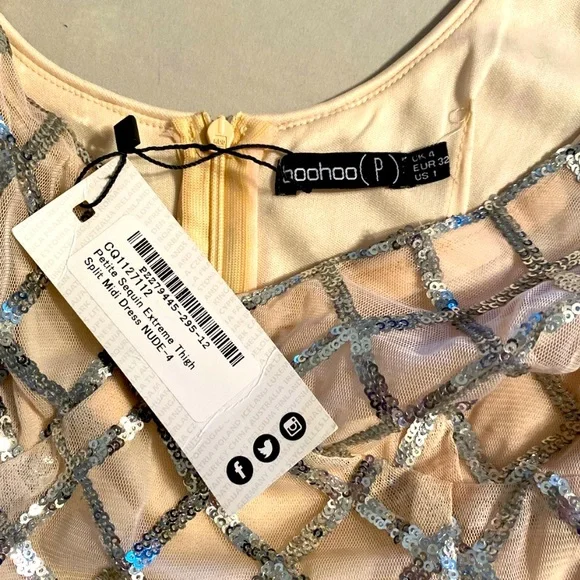 Boohoo Midi V Cut Neckline Thigh Split Sequin Cream Dress Women Petite Zero - Picture 9 of 14